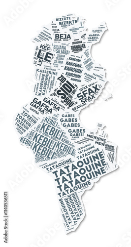 Tunisia shape text cloud. Country border with shadow on white background. Tunisia with regions division in vintage gazette style. Stylish vector illustration.