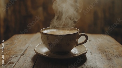 Simple white mug on rustic wooden table against dark background creating a mi...