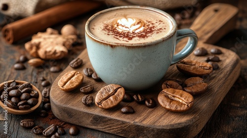 Simple white mug on rustic wooden table against dark background creating a mi...