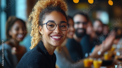 Smiling woman with curly hair clapping in a lively audience during an event a...