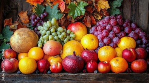 Colorful display of fresh fruits and vibrant flowers arranged on a wooden sur...