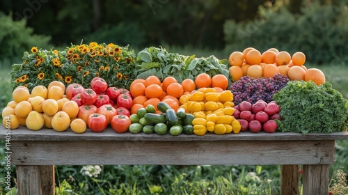 Colorful display of fresh fruits and vibrant flowers arranged on a wooden sur...