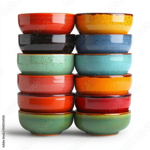 Colorful stacked bowls showcasing a mix of vibrant designs and textures for k...