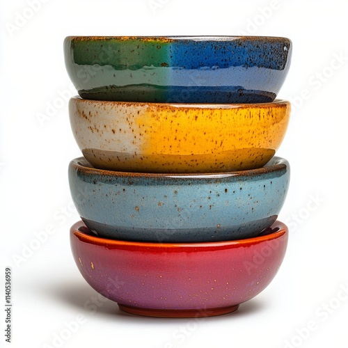 Colorful stacked bowls showcasing a mix of vibrant designs and textures for k...