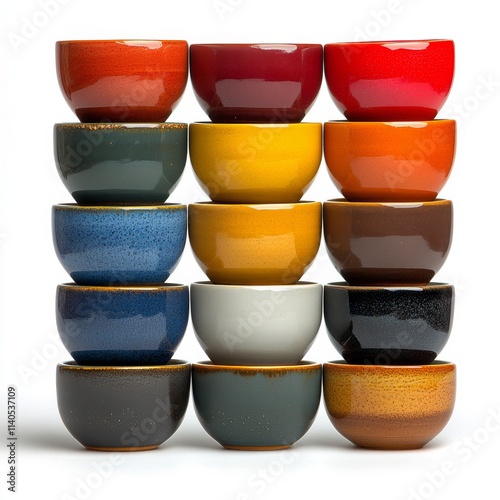Colorful stacked bowls showcasing a mix of vibrant designs and textures for k...
