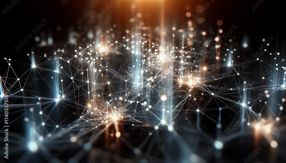 Obraz premium An abstract network of intensely glowing particles connected by thin, white lines, resembling a neural network or blockchain structure