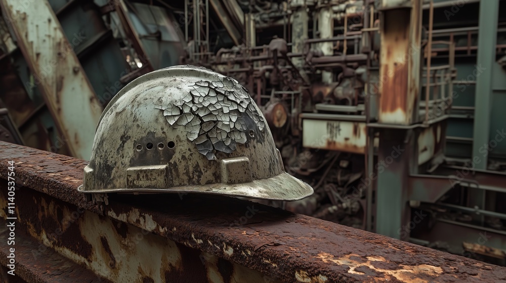 Old damaged helmet abandoned on rusty beam in industrial area Old damaged helmet abandoned on rusty beam in industrial area