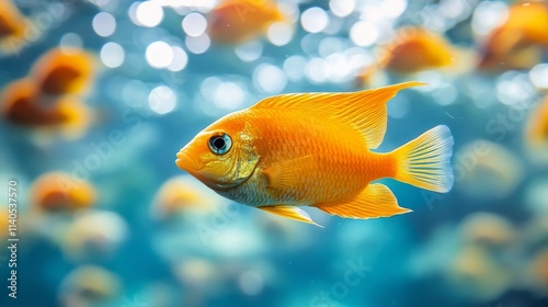 Colorful orange fish swim gracefully among coral reefs in a vibrant underwate...