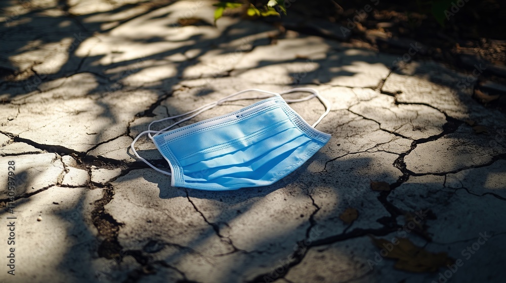 Surgical mask abandoned on dry cracked ground during heatwave