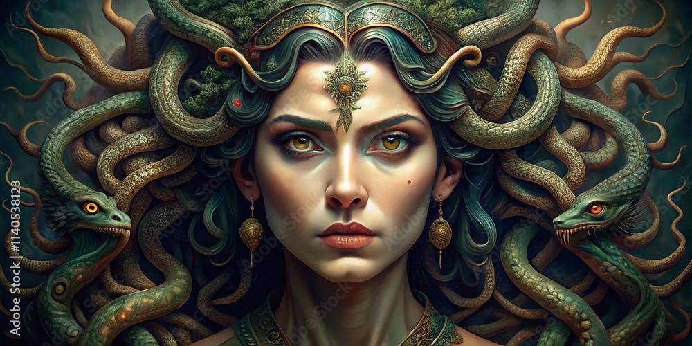 Fototapeta premium Medusa Gorgon High Depth of Field Fantasy Art Painting, Mythological Creature, Snake Hair, Ancient Greek Mythology, Deep Focus Photography