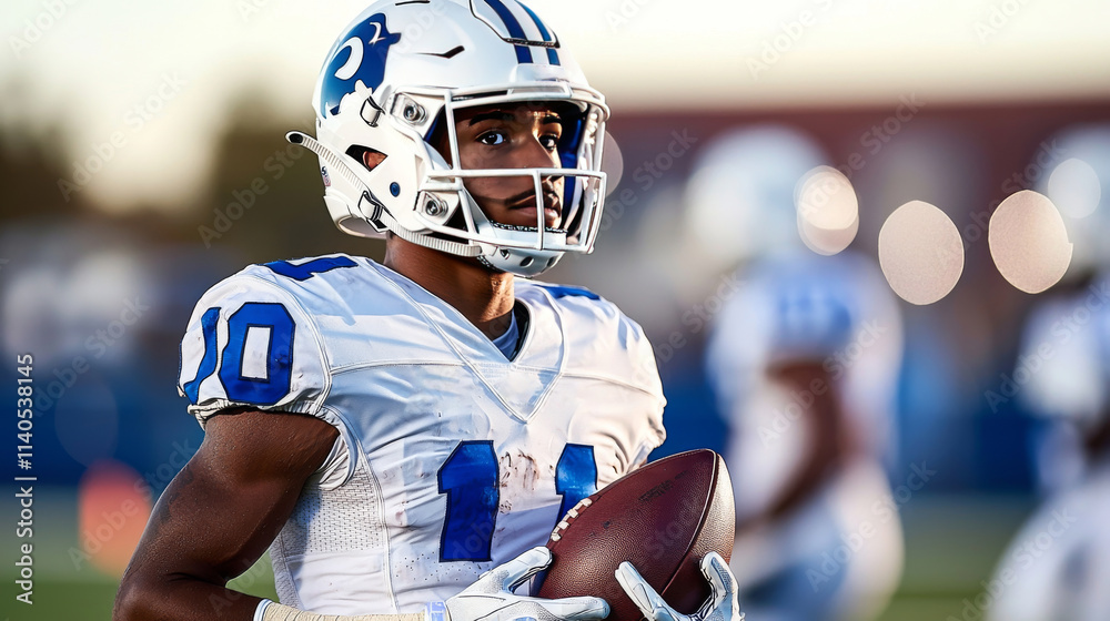 Fototapeta premium Dynamic American Football Player Portrait at Practice Sports Field Action Shot Outdoor Environment Close-Up Viewpoint