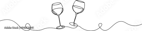Glass goblets with a drink one continuous line drawing.Stemmed glass.
Celebration, holidays,party  symbol .Glass with cocktails line art.