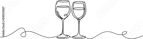 Glass goblets with a drink one continuous line drawing.Stemmed glass.
Celebration, holidays,party  symbol .Glass with cocktails line art.