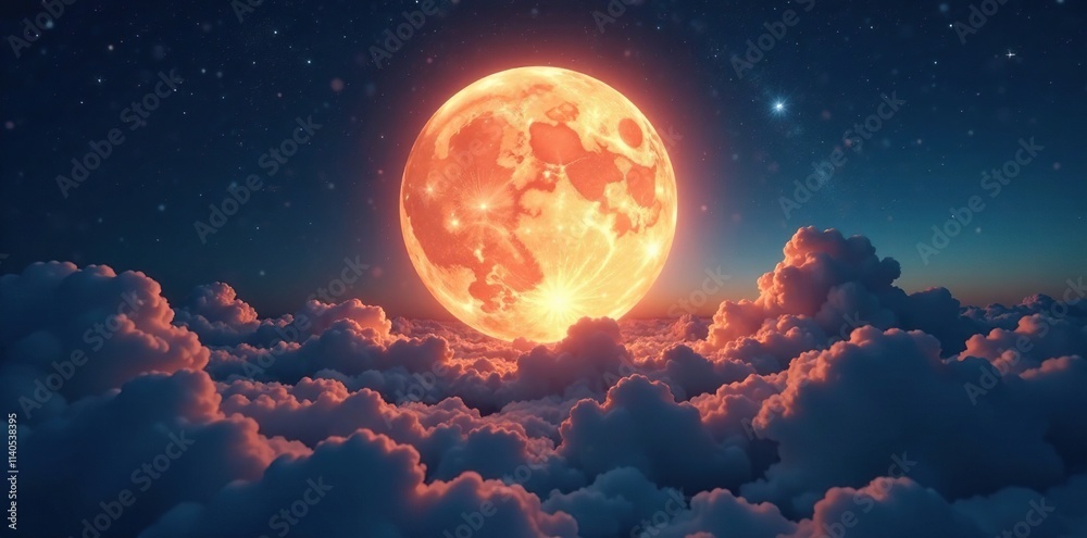 Luminous lunar sphere rises above atmospheric veil, stars, atmosphere, hues Luminous lunar sphere rises above atmospheric veil, stars, atmosphere, hues