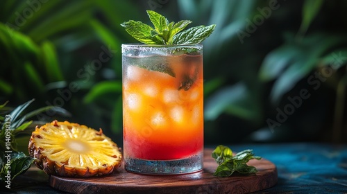 Refreshing tropical drink with pineapple and mint on a sunny day at a beachsi...