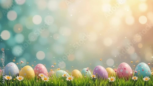 Colorful easter eggs with floral patterns are nestled in lush green grass, illuminated by warm sunlight and creating a cheerful easter scene.