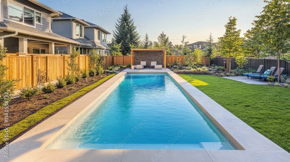 Fototapeta premium A modern rectangular swimming pool enhances outdoor living spaces.