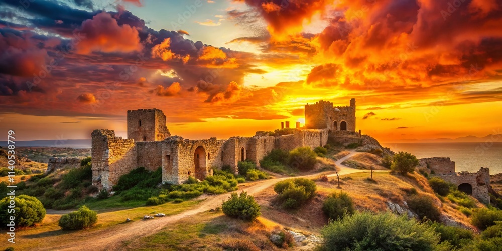 Fototapeta premium Mersin Maidens Castle Vintage Photo: Sun-Drenched Ruins, Ancient History, Turkish Coastline