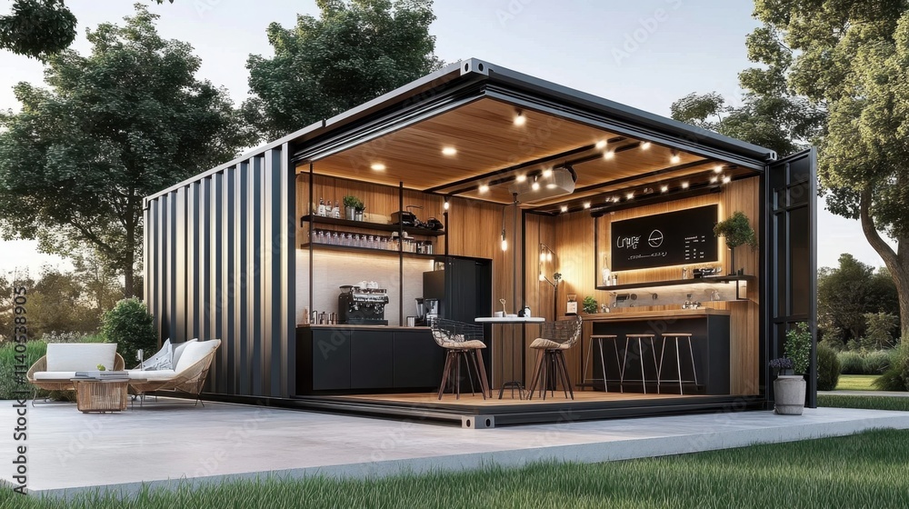 Fototapeta premium Modern cafe concept illustrated within a 20ft container.