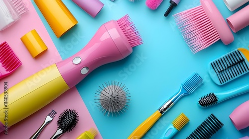 Vibrant Hair Styling Tools and Accessories on Colorful Background photo