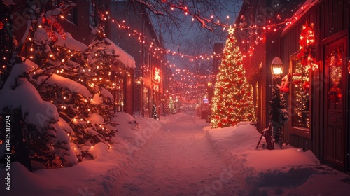 Enchanting Street Scene with Festive Lights and Snowy Surroundings, Perfect for Christmas Celebrations and Holiday Season Imagery