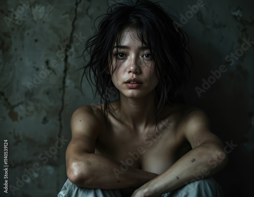 Image of a sickly looking young Asian woman against a destroyed background. AI generation photo