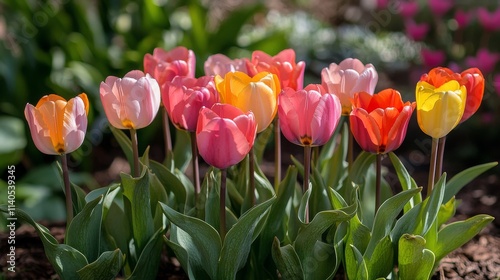 Colorful tulips blooming in spring garden showcasing vibrant hues and natural...