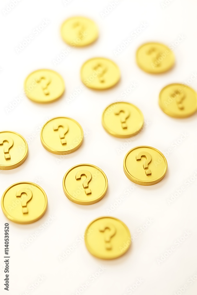 Fototapeta premium Gold coins with question marks arranged in a pattern on a white background convey a sense of financial uncertainty and risk._00003_