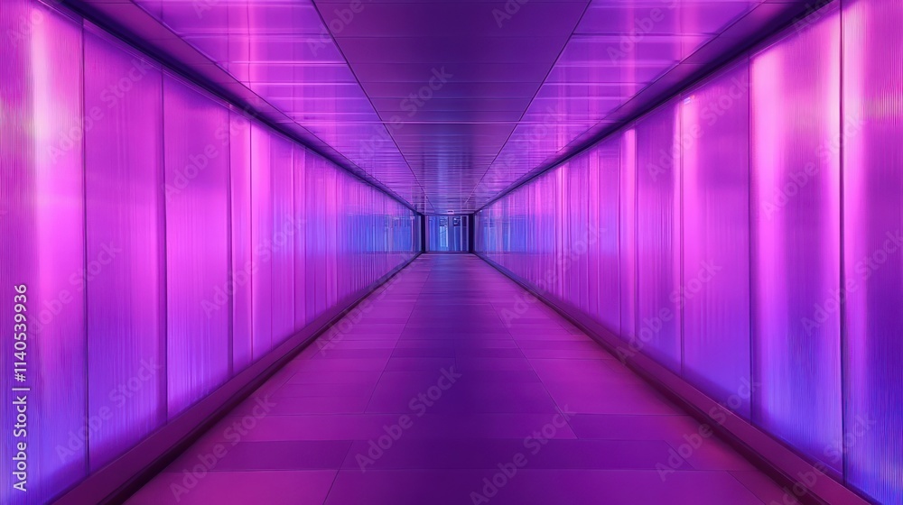 A futuristic corridor illuminated with vibrant purple and blue lights. A futuristic corridor illuminated with vibrant purple and blue lights.