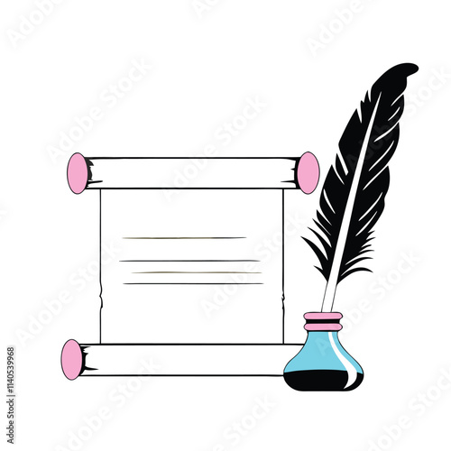 a black and white illustration of a scroll of paper with a quill pen resting on top of it