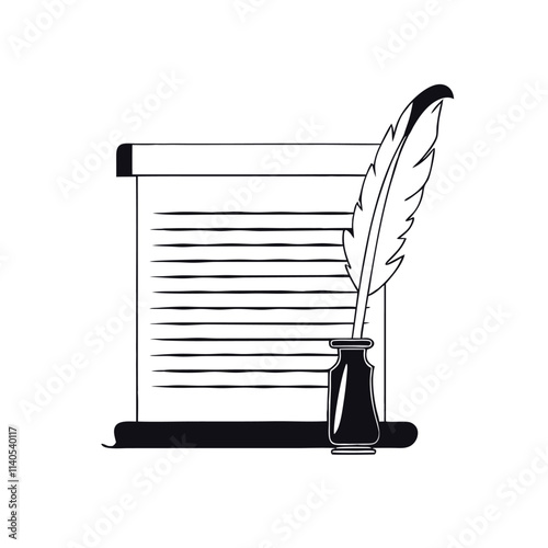 a black and white illustration of a scroll of paper with a quill pen resting on top of it