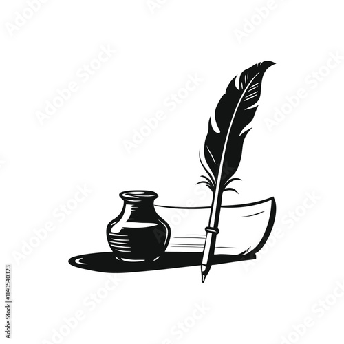 a black and white illustration of a scroll of paper with a quill pen resting on top of it