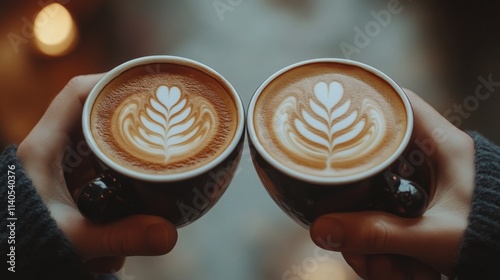 Two cups of latte art held by hands in a cozy setting with warm lighting