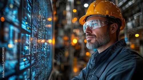 A male engineer in a hardhat and safety glasses looks intently at a digital display screen in a factory.
