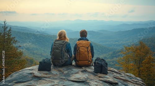 Couple enjoys a peaceful mountain view during sunset while hiking