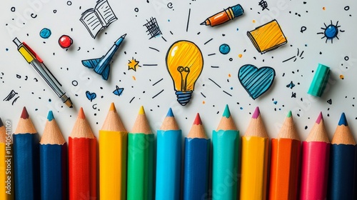 Colorful pencils arranged with creative doodles and a light bulb on a bright ...