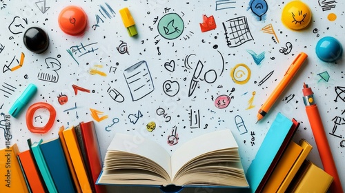 Colorful pencils arranged with creative doodles and a light bulb on a bright ...