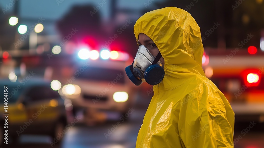 Emergency worker in protective gear responding to crisis Emergency worker in protective gear responding to crisis