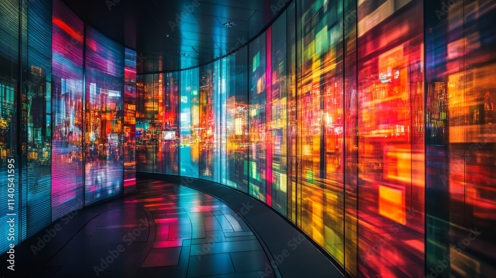 A panoramic view of a futuristic city lit up by colorful LED lights and holograms, with reflections dancing on the sleek glass surfaces of the buildings, creating a dynamic and vibrant scene A panoramic view of a futuristic city lit up by colorful LED lights and holograms, with reflections dancing on the sleek glass surfaces of the buildings, creating a dynamic and vibrant scene