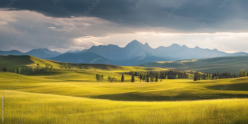 Obraz premium A serene landscape featuring rolling green hills and distant mountain, stunning, background under a cloudy sky.