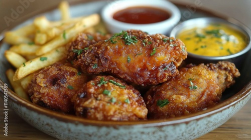 Crispy fried chicken wings served with dipping sauce in a bowl on a dark background