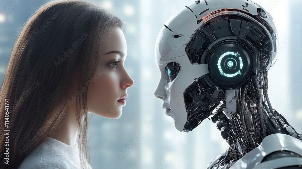 Fototapeta premium Futuristic robot and a woman in profile view
