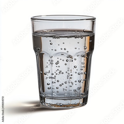 Clear sparkling water in a clean glass on a bright surface reflecting bubbles