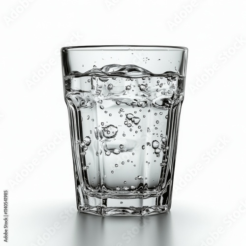 Clear sparkling water in a clean glass on a bright surface reflecting bubbles