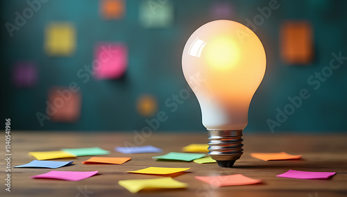 eative thinking is sparked when imagination meets practical application, as evidenced by a white lightbulb with colorful notes on a wooden table._00002_ photo