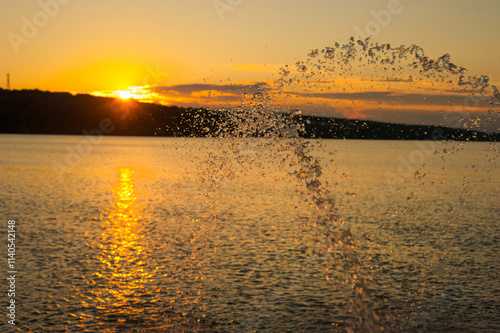 jets of water from the fountains on the pond, against the light of the sunset...