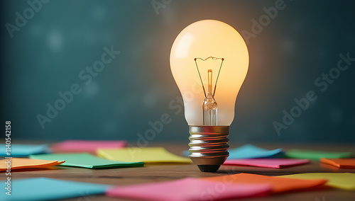 eative thinking is sparked when imagination meets practical application, as evidenced by a white lightbulb with colorful notes on a wooden table._00001_ photo