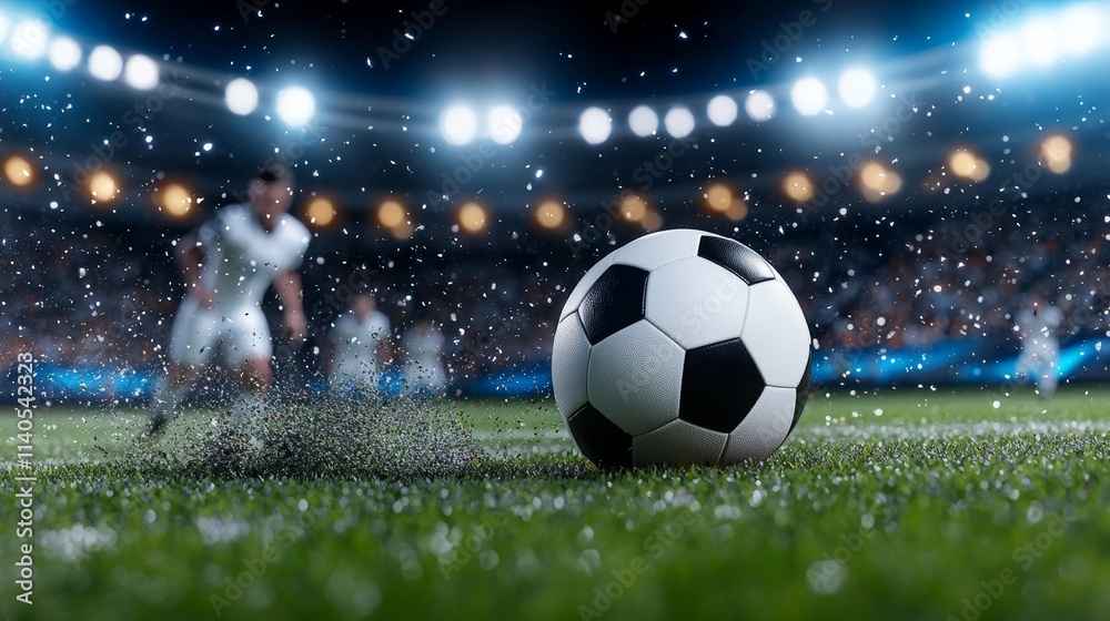 Fototapeta premium Exciting Soccer Match Under Night Lights Stadium Sports Photography Grass Field Close-Up Thrilling Atmosphere