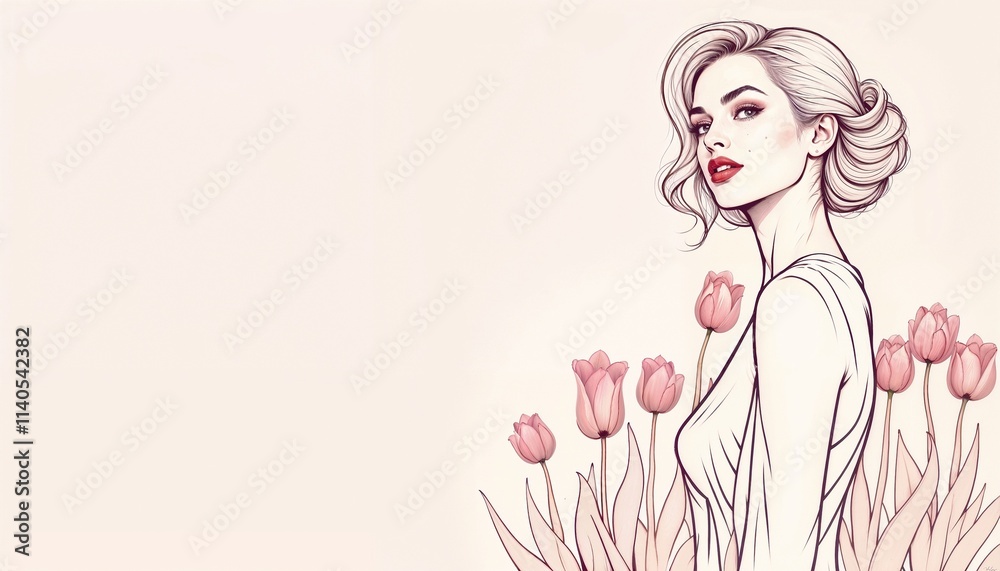 Stylish illustration of a woman with tulips on soft background, copy space Stylish illustration of a woman with tulips on soft background, copy space