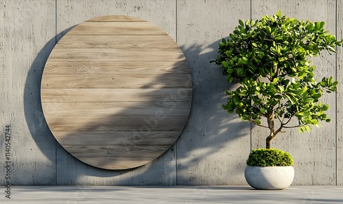 Modern Minimalist Design with Circular Wooden Frame and Plant